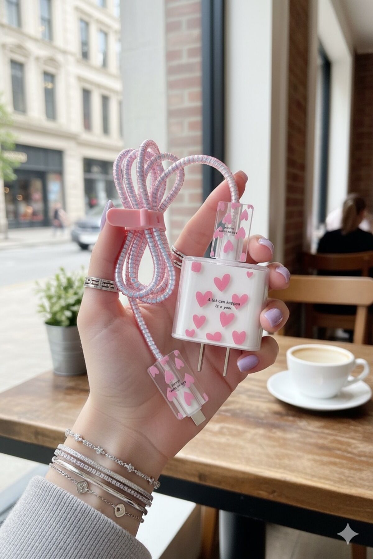 İPhone 18/20/25 W Şarj Cihazı Uyumlu Kablo Koruyucu Başlık Koruma Set Halinde Sevimli Figürlü Toz Pembe