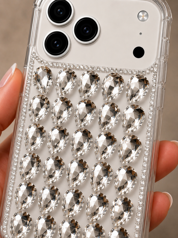 Kristal Taşlı 17 Promax Slikon Telefon Kılıfı İPhone Uyumlu Beyaz