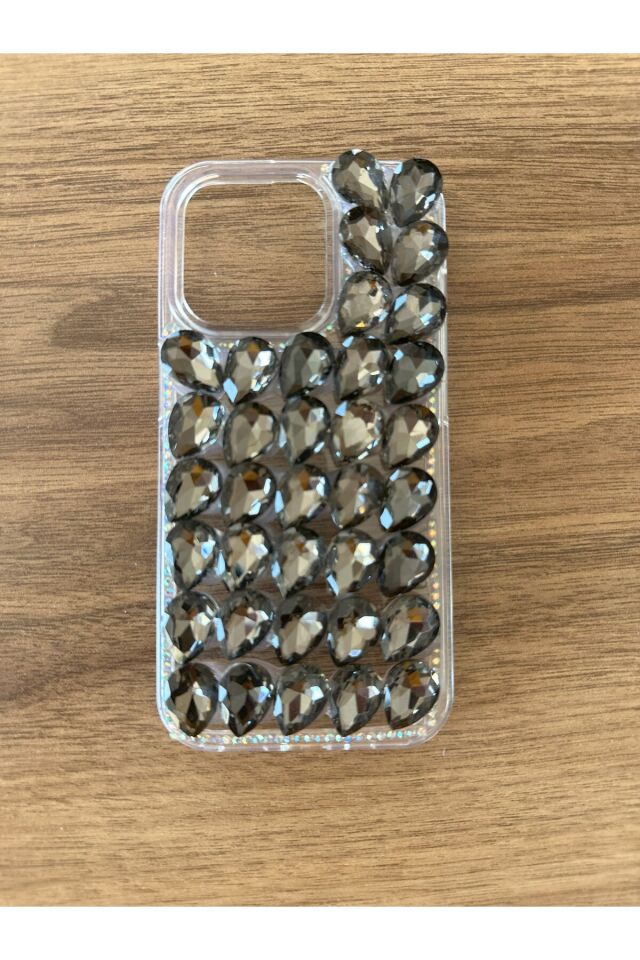 İphone 13 Uyumlu Kristal Taşlı Slikon Kılıf (Handmade) Antrasit