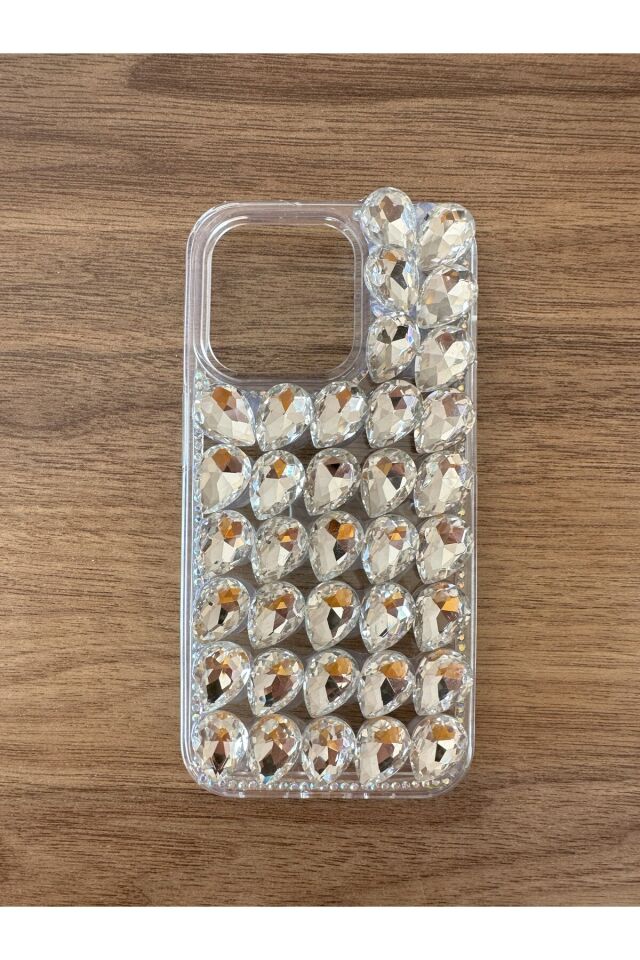 İphone 13 Pro Uyumlu Kristal Taşlı Slikon Kılıf (Handmade) Beyaz