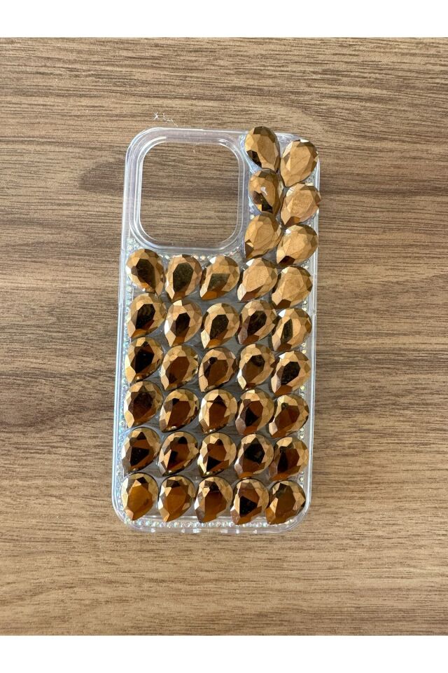 İphone 13 Pro Uyumlu Kristal Taşlı Slikon Kılıf (Handmade) Altın