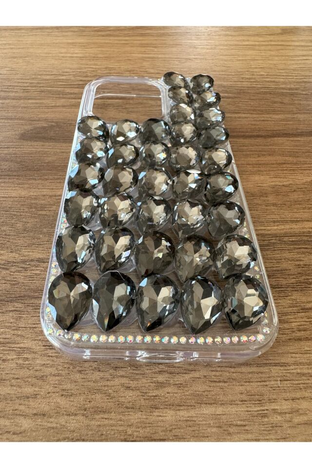 İphone 13 Pro Uyumlu Kristal Taşlı Slikon Kılıf (Handmade) Antrasit