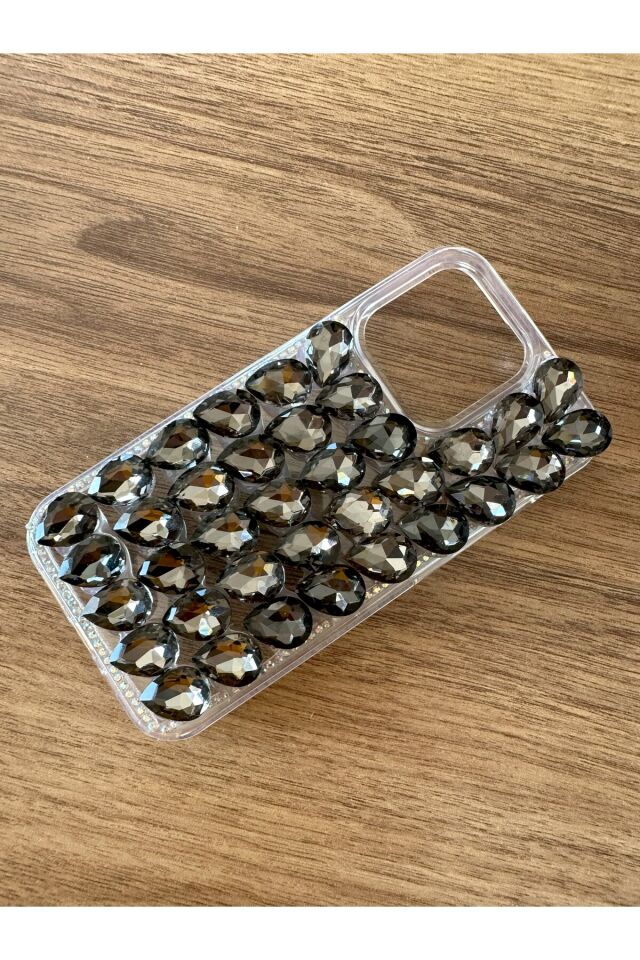 İphone 13 Pro Uyumlu Kristal Taşlı Slikon Kılıf (Handmade) Antrasit