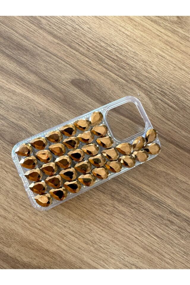 İphone 13 Promax Uyumlu Kristal Taşlı Slikon Kılıf (Handmade) Altın