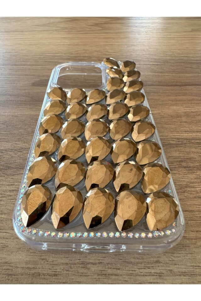 İphone 14 Uyumlu Kristal Taşlı Slikon Kılıf (Handmade) Altın