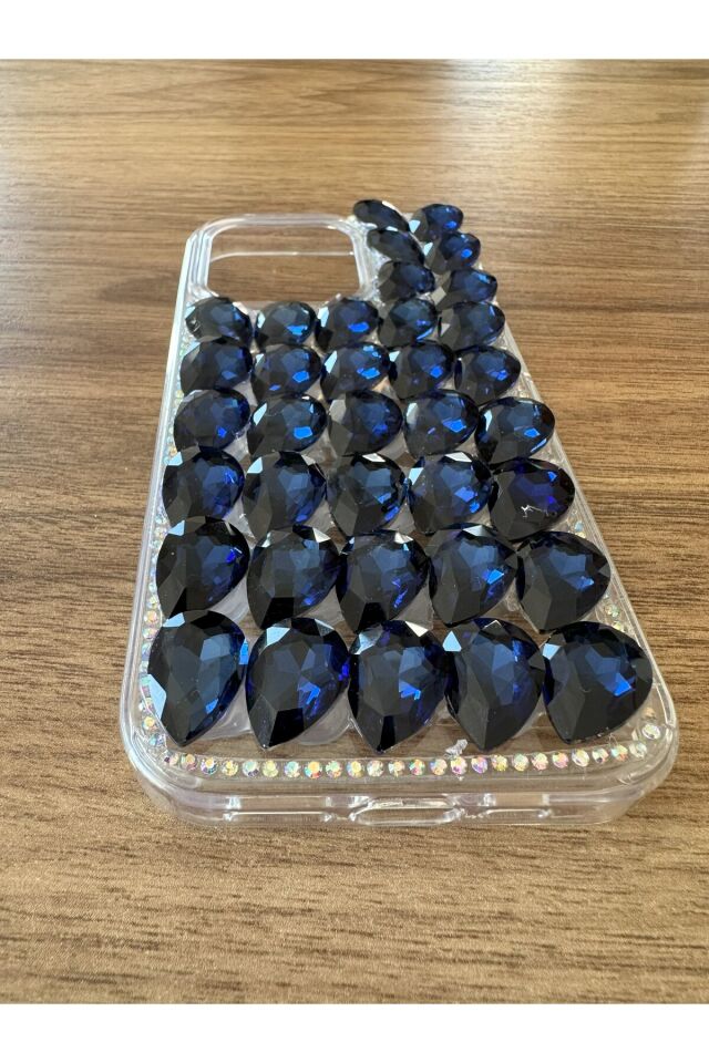 İphone 15 Uyumlu Kristal Taşlı Slikon Kılıf (Handmade) Lacivert