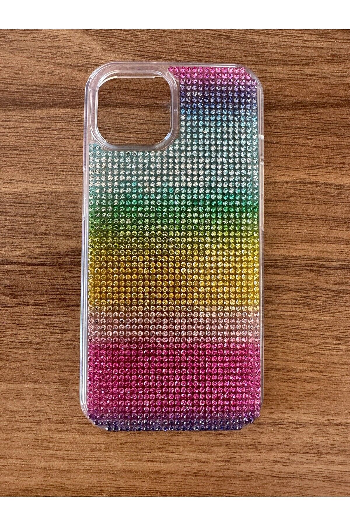İphone 15 Pro Uyumlu Diadmond Taşlı Slikon Kılıf (Handmade) Gökkuşağı