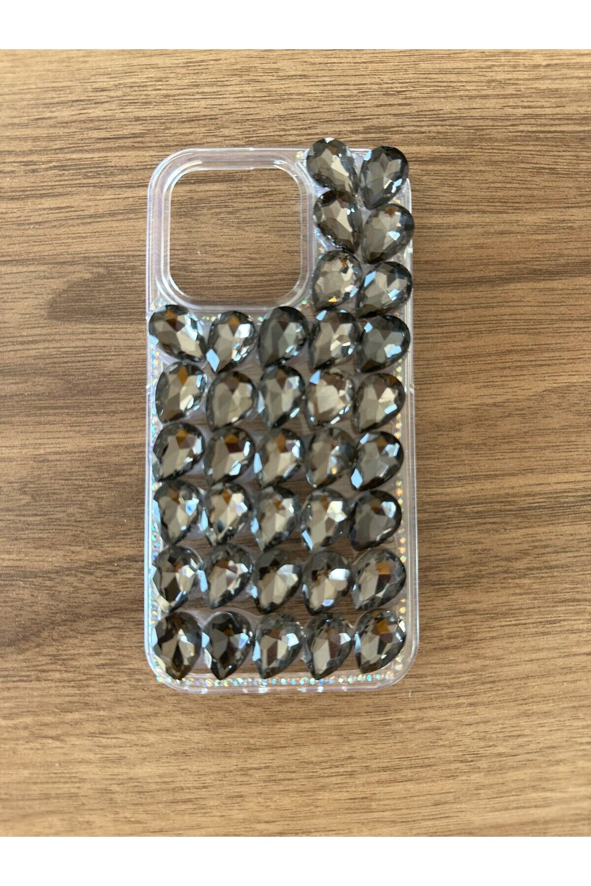 İphone 15 Pro Uyumlu Kristal Taşlı Slikon Kılıf (Handmade) Antrasit