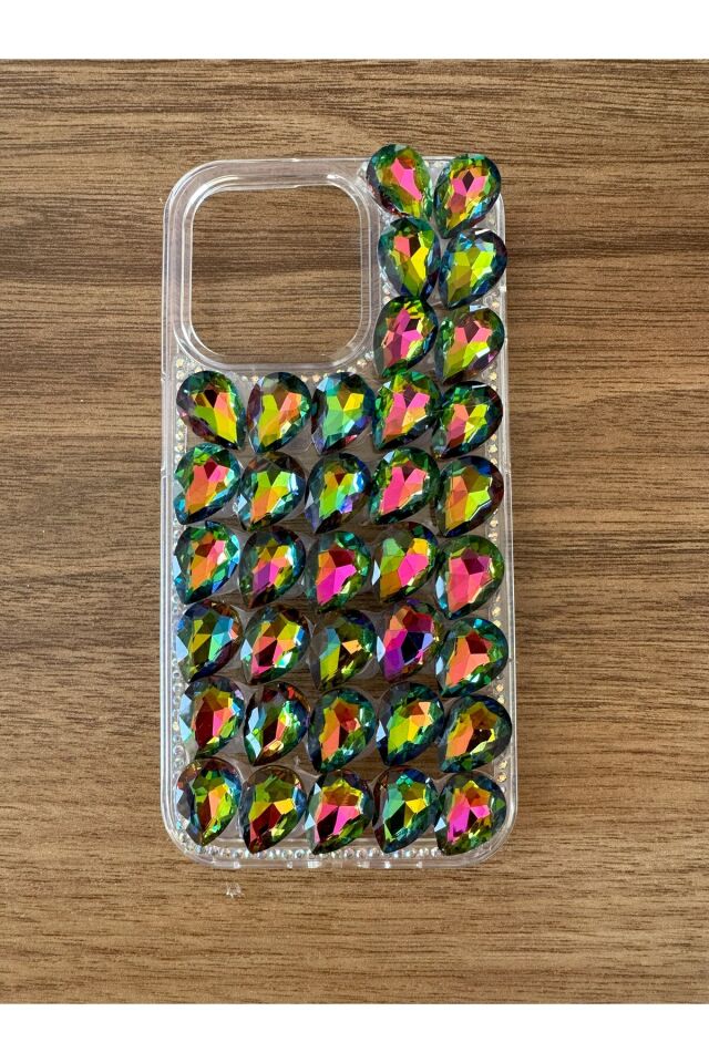İphone 15 Pro Uyumlu Kristal Taşlı Slikon Kılıf (Handmade) Yeşil
