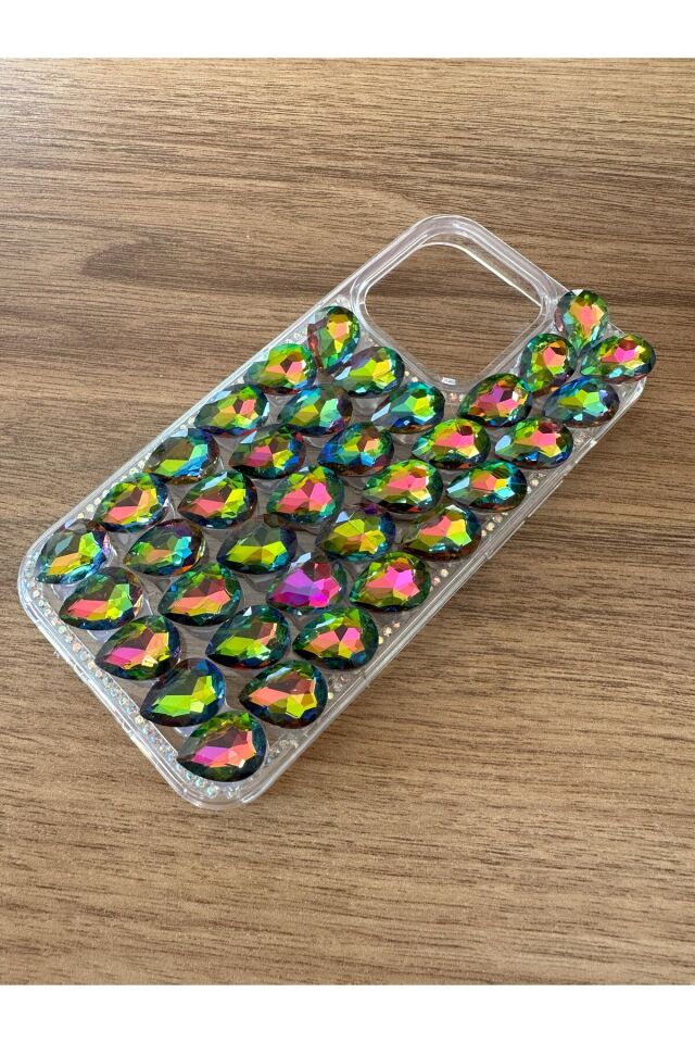 İphone 15 Pro Uyumlu Kristal Taşlı Slikon Kılıf (Handmade) Yeşil