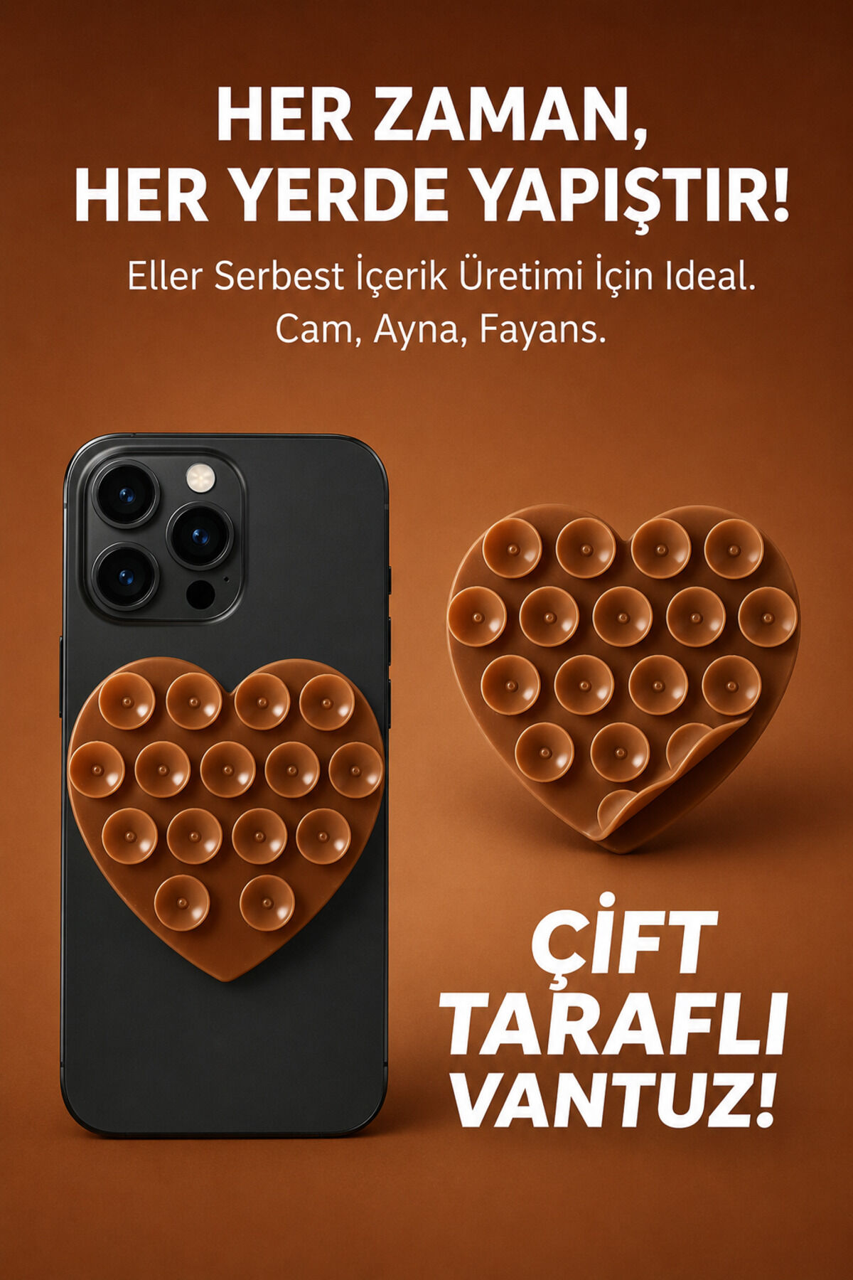 Çift Taraflı Vantuz Telefon Tutucu Slikon Kalpli