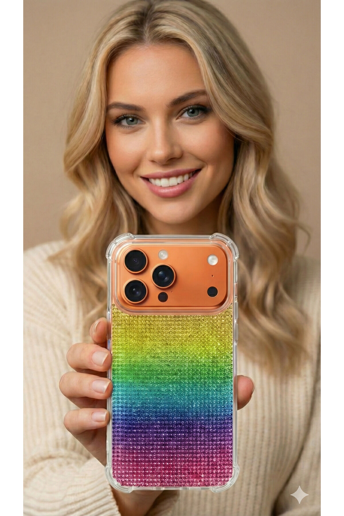 İphone 17 Pro Taşlı Diamond Uyumlu Kılıf Slikon Korumalı Kapak Gökkuşağı