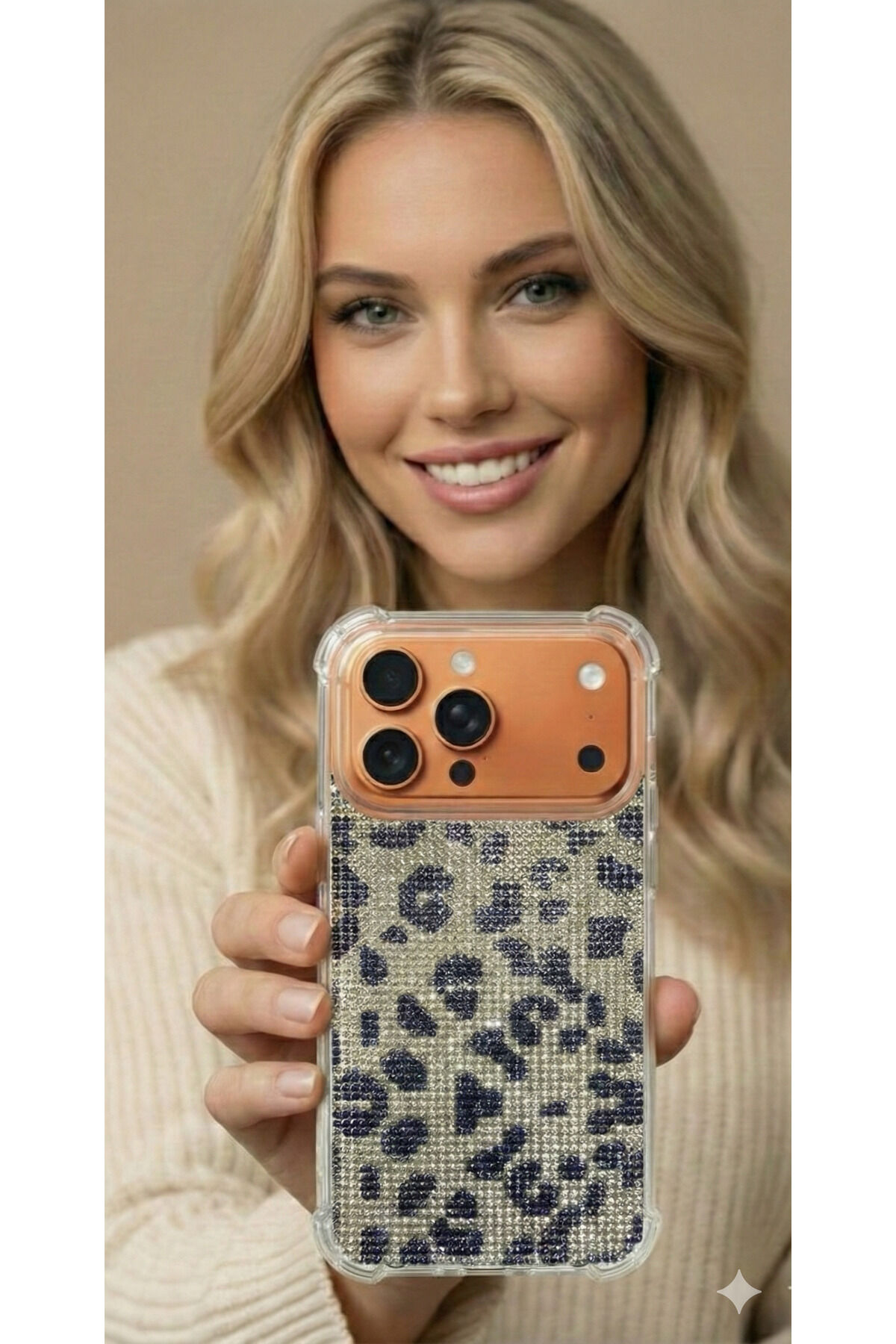 İphone 18 Promax / 17 Promax Taşlı Diamond Uyumlu Kılıf Slikon Korumalı Kapak Sarı Leopar