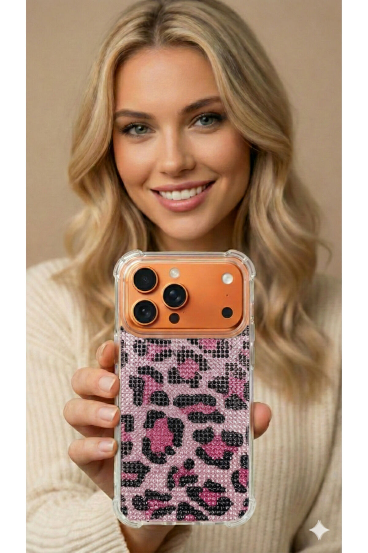 İphone 18 Promax / 17 Promax Taşlı Diamond Uyumlu Kılıf Slikon Korumalı Kapak Pembe Leopar