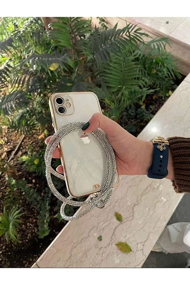 Taşlı Telefon Askısı Gökkuşağı Boyun Askısı Gümüş