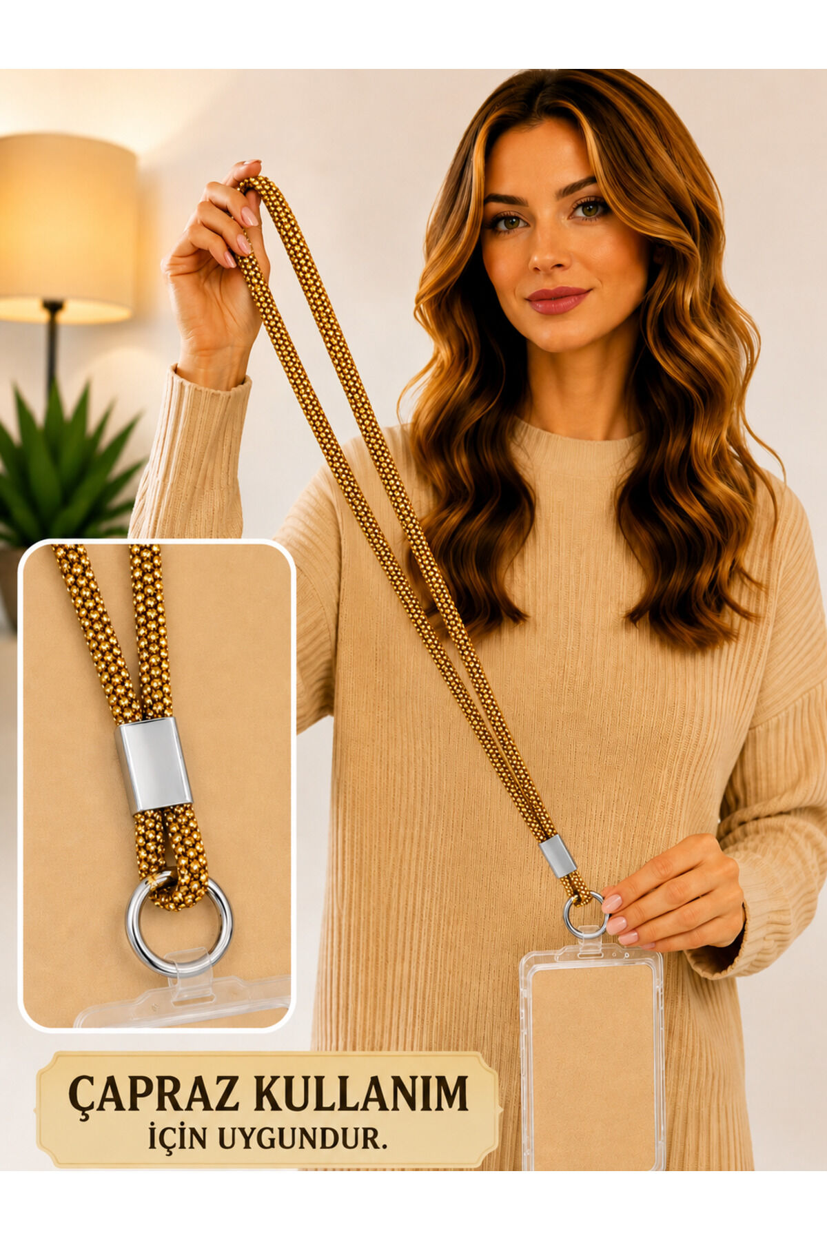 Taşlı Telefon Askısı Çapraz Kullanım Omuz İçin İpli Strap 130 cm Gold