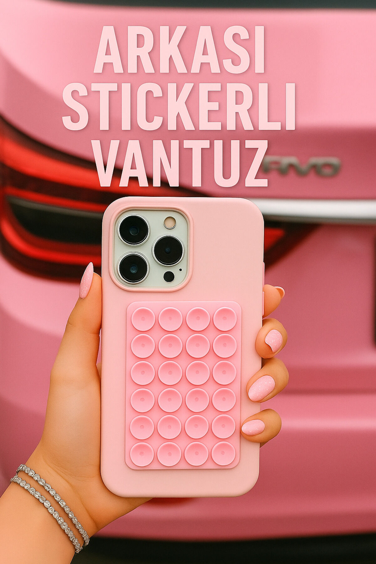 Vantuzlu Telefon Tutucu Slikon Araba Ayna Yapıştır Tüm Modellerle Uyumlu Pembe