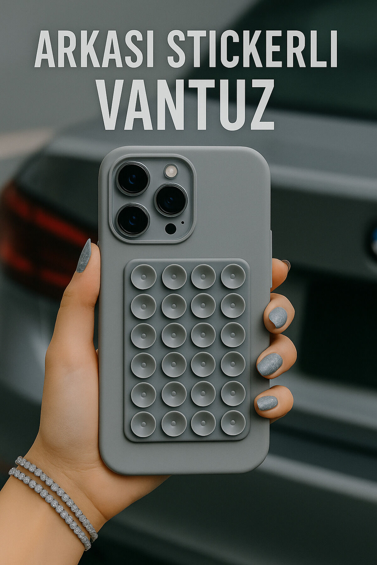 Vantuzlu Telefon Tutucu Slikon Araba Ayna Yapıştır Tüm Modellerle Uyumlu Gri
