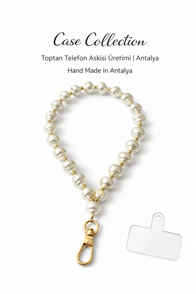 Telefon Askısı Telefon İpi Boncuklu Charm İncili Bileklik Aparatlı Kullanım Tüm Modellere Uygundur Krem