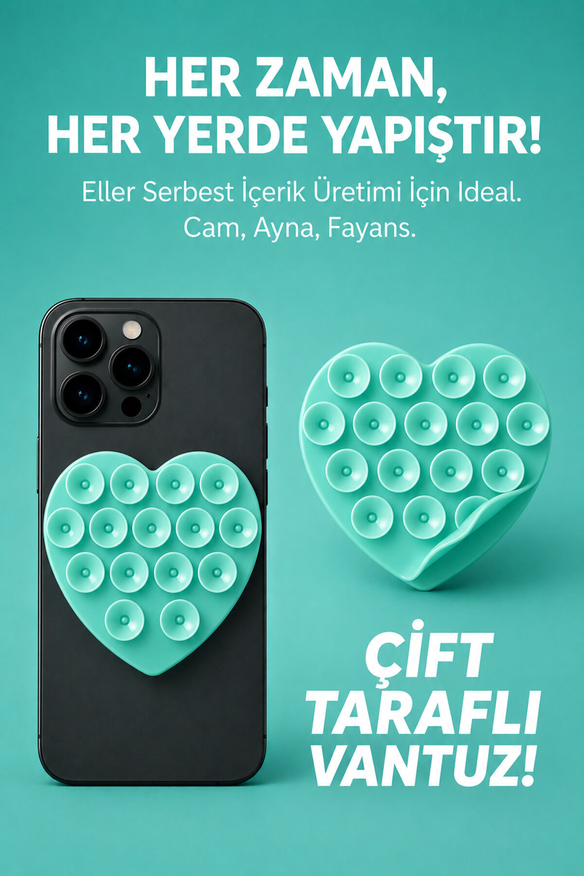 Çift Taraflı Vantuz Telefon Tutucu Slikon Kalpli Su Yeşili