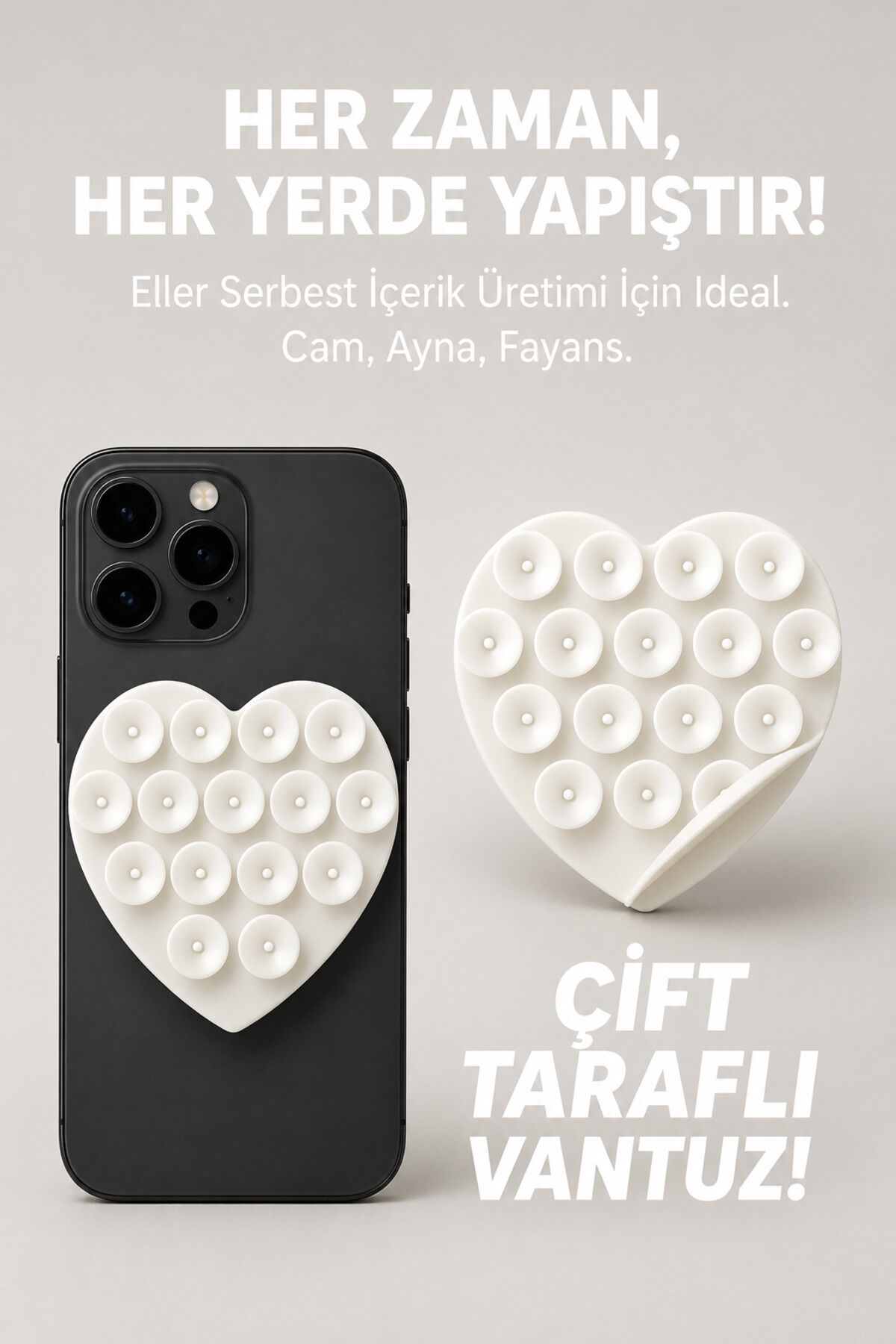 Çift Taraflı Vantuz Telefon Tutucu Slikon Kalpli Beyaz