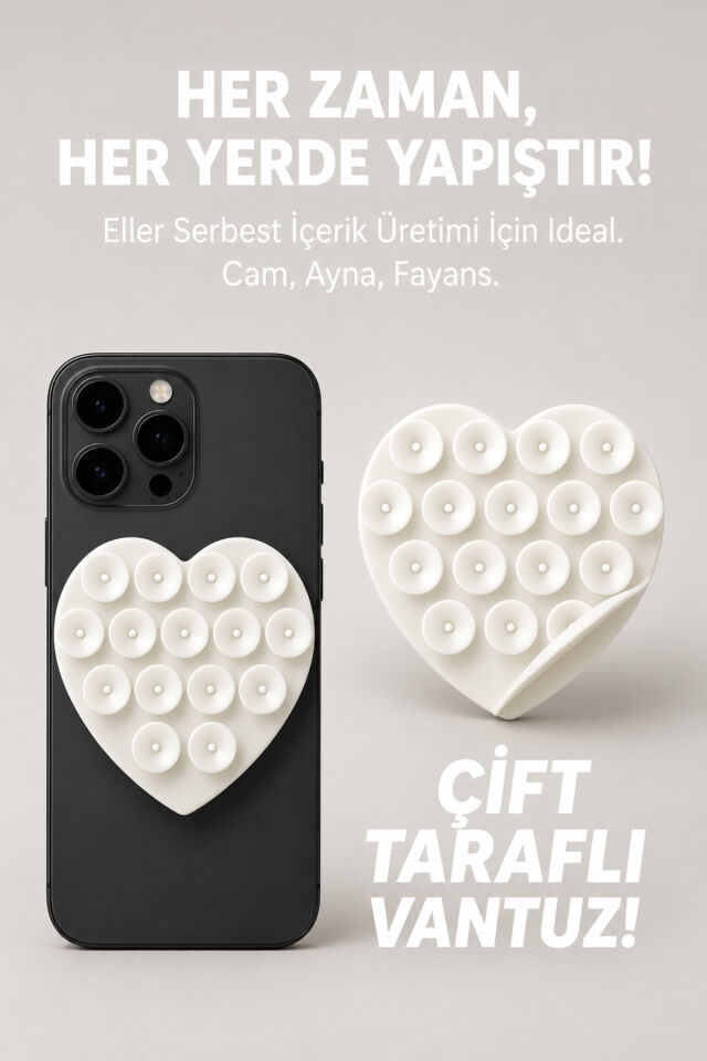 Çift Taraflı Vantuz Telefon Tutucu Slikon Kalpli Beyaz