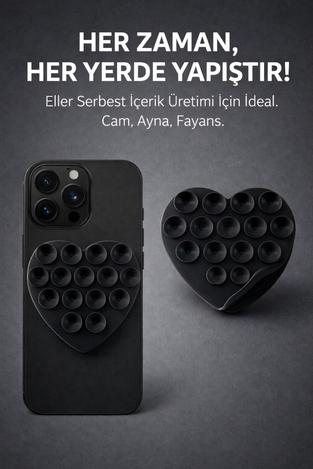 Çift Taraflı Vantuz Telefon Tutucu Slikon Kalpli Siyah