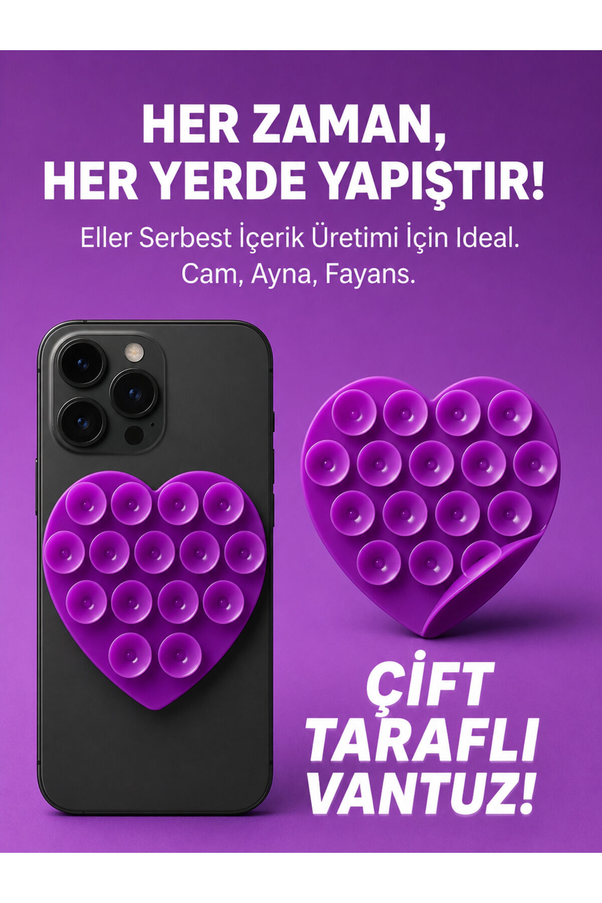 Çift Taraflı Vantuz Telefon Tutucu Slikon Kalpli Mor