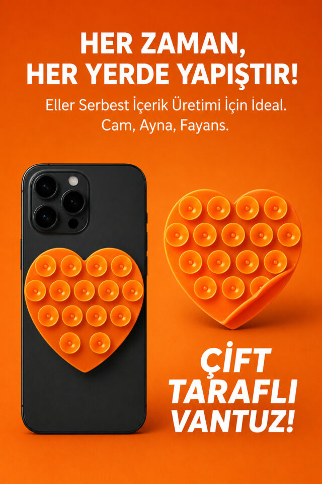 Çift Taraflı Vantuz Telefon Tutucu Slikon Kalpli Turuncu