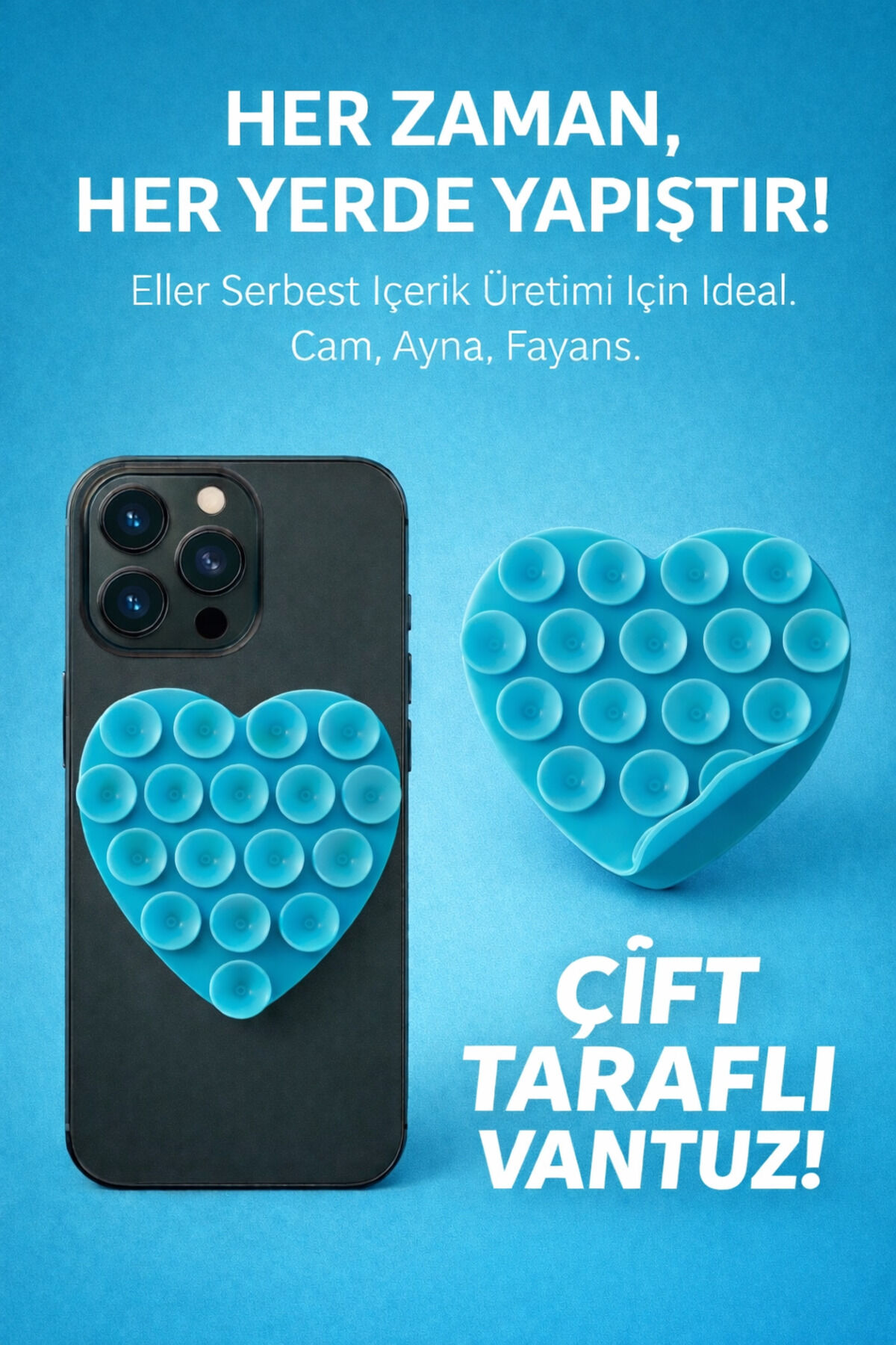 Çift Taraflı Vantuz Telefon Tutucu Slikon Kalpli Turkuaz