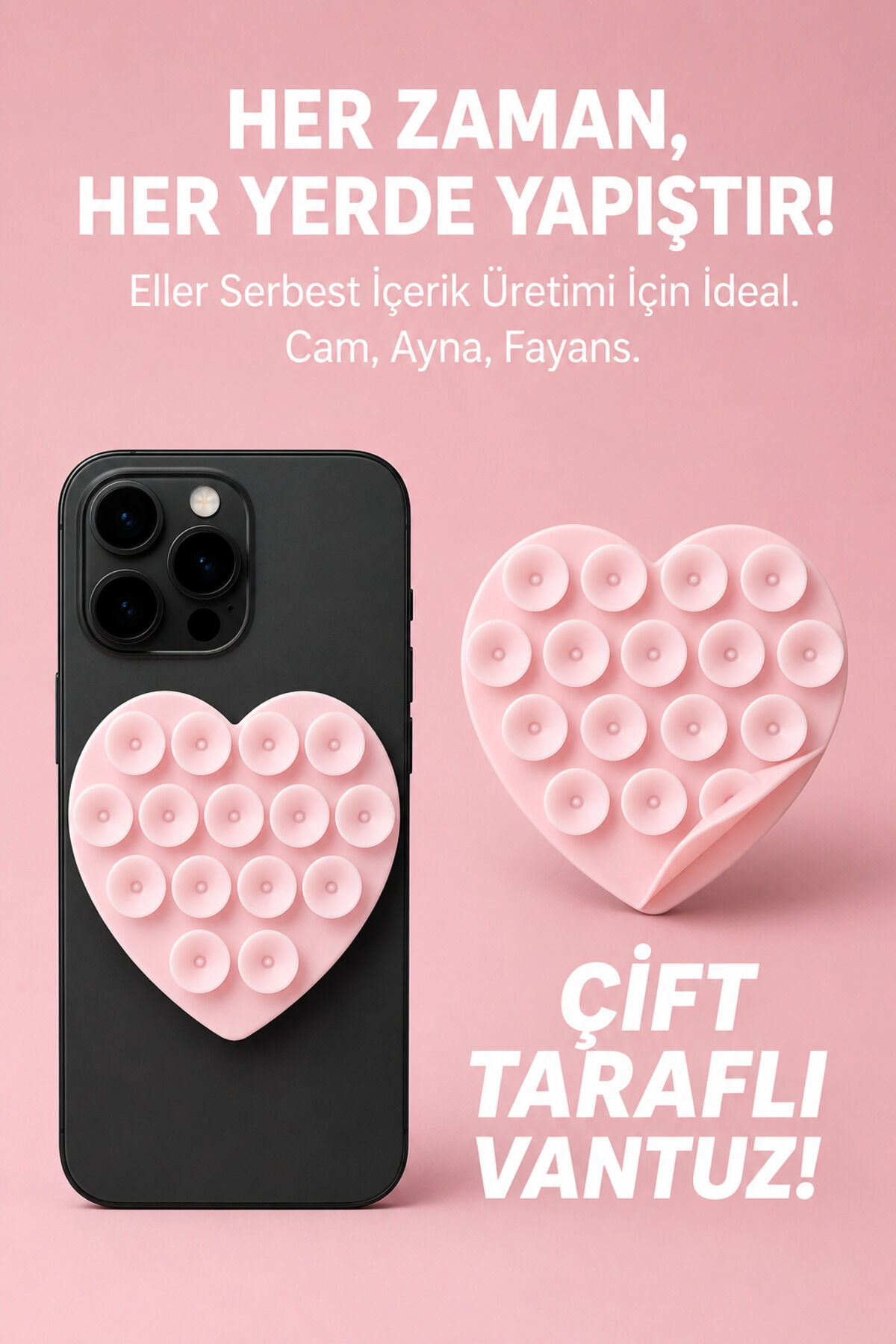 Çift Taraflı Vantuz Telefon Tutucu Slikon Kalpli Pembe