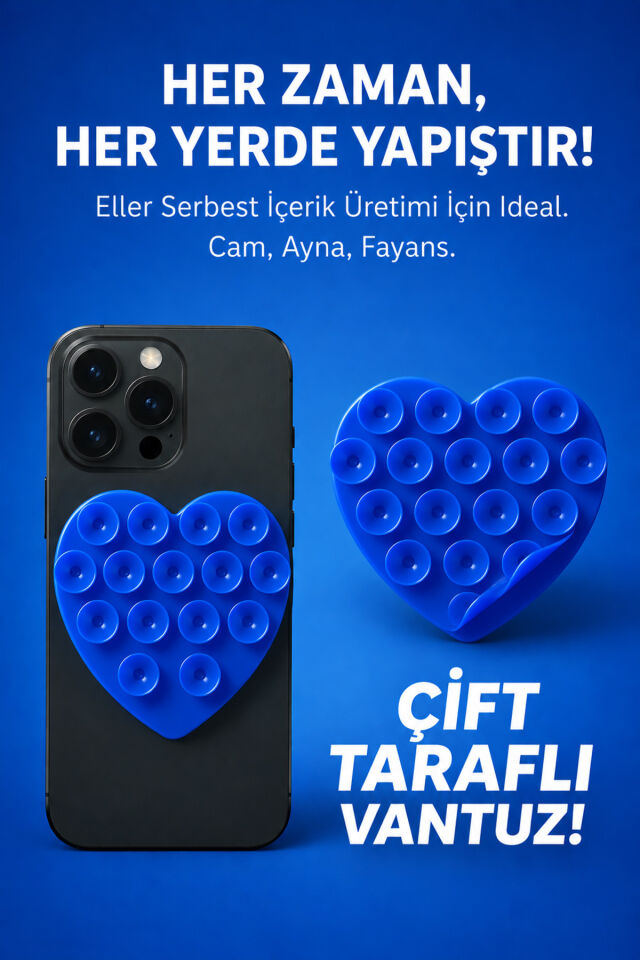 Çift Taraflı Vantuz Telefon Tutucu Slikon Kalpli Lacivert