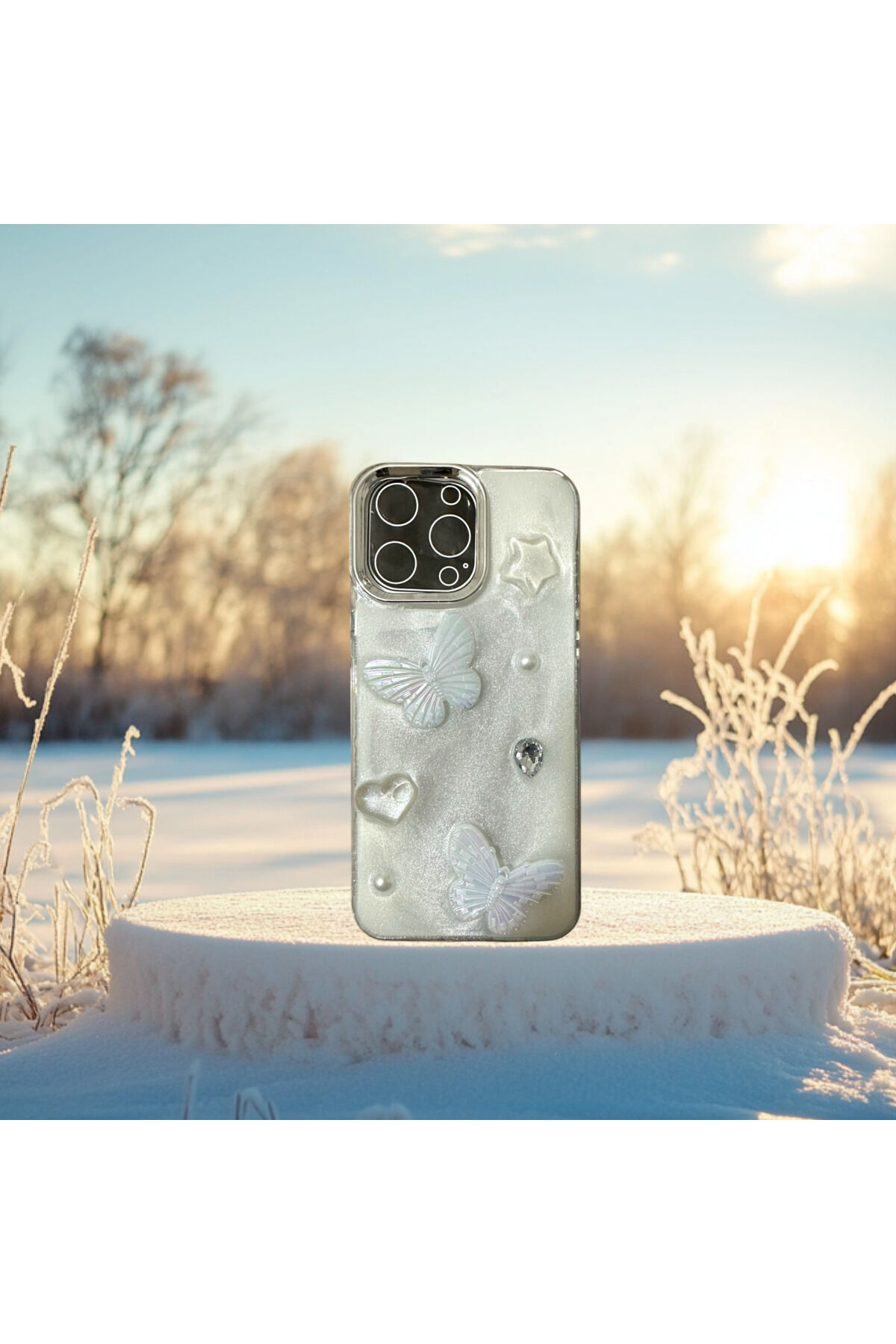 iPhone 14 Promax Uyumlu Kılıf Kelebekli Parlak Slikon İncili kapak Beyaz