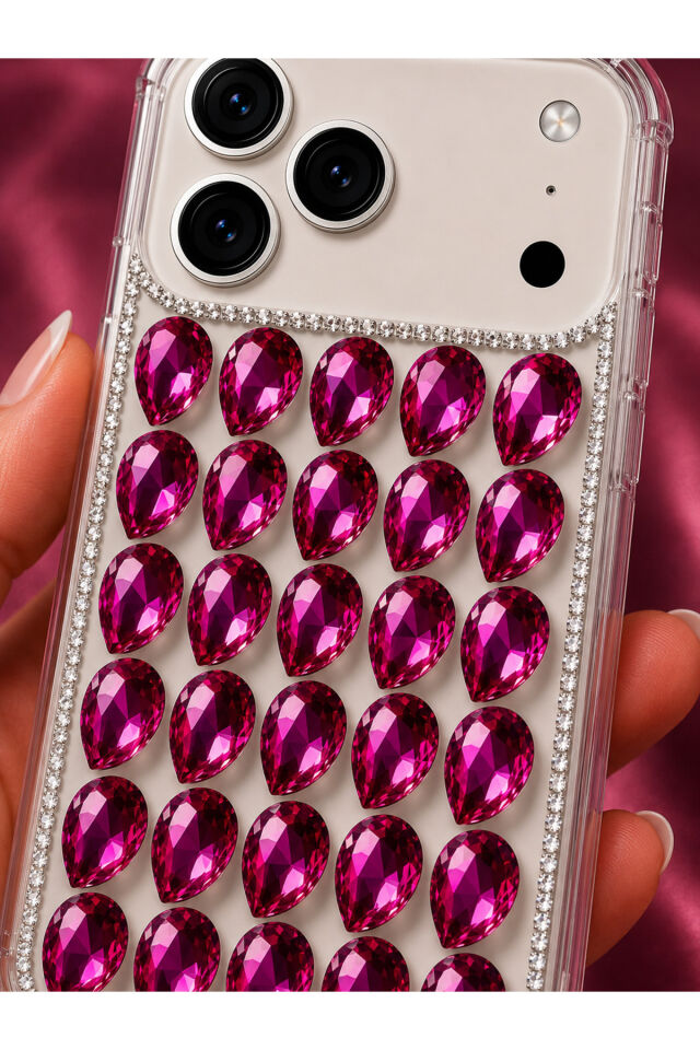 İPhone 18 Promax / 17 Promax Taşlı Telefon Kılıfı El Yapımı Kristal Işıltılı Slikon Kapak Köşe Korumalı Pembe