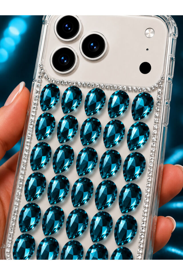 İPhone 18 Promax / 17 Promax Taşlı Telefon Kılıfı El Yapımı Kristal Işıltılı Slikon Kapak Köşe Korumalı Mavi