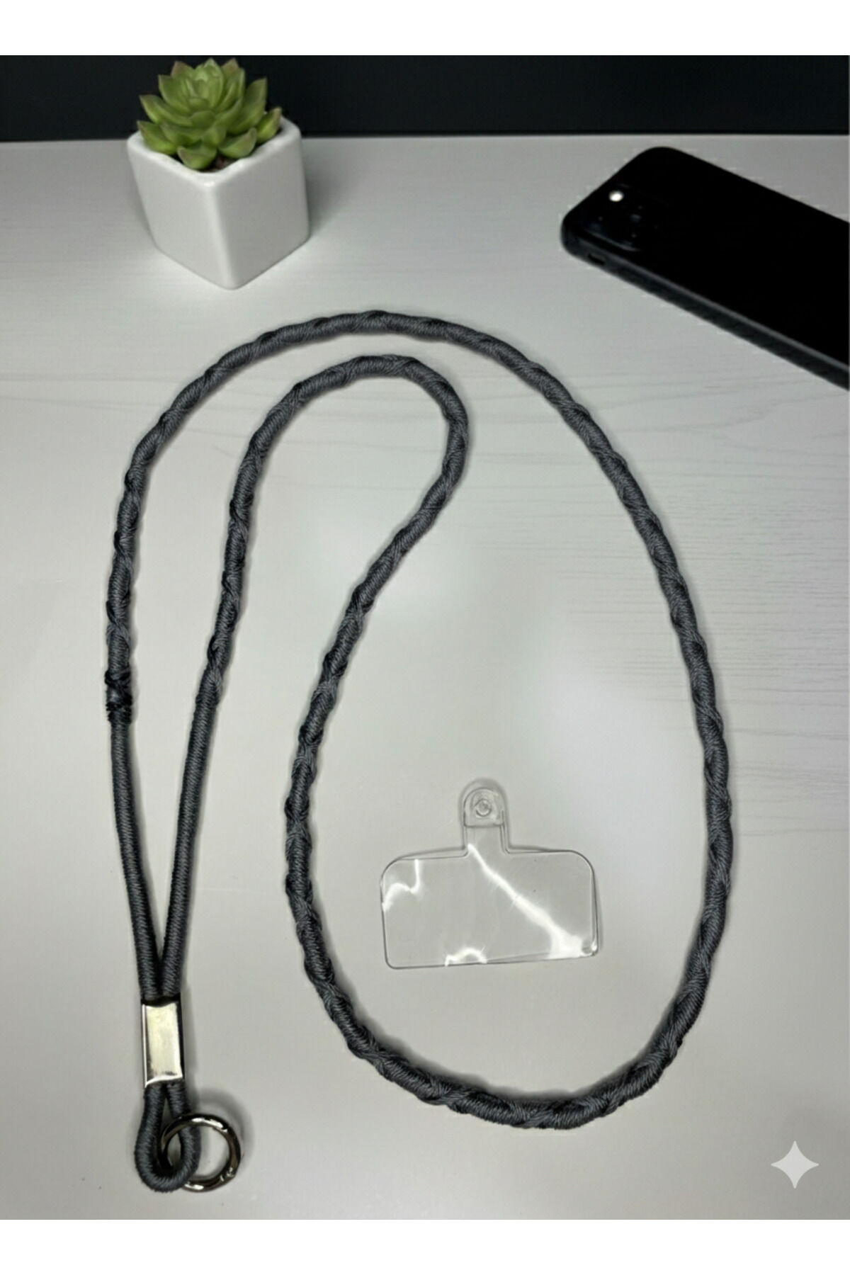 Telefon Askısı Çapraz Kullanım Aparatlı Telefon Tutucu Kaliteli Desenli İp Strap Gri