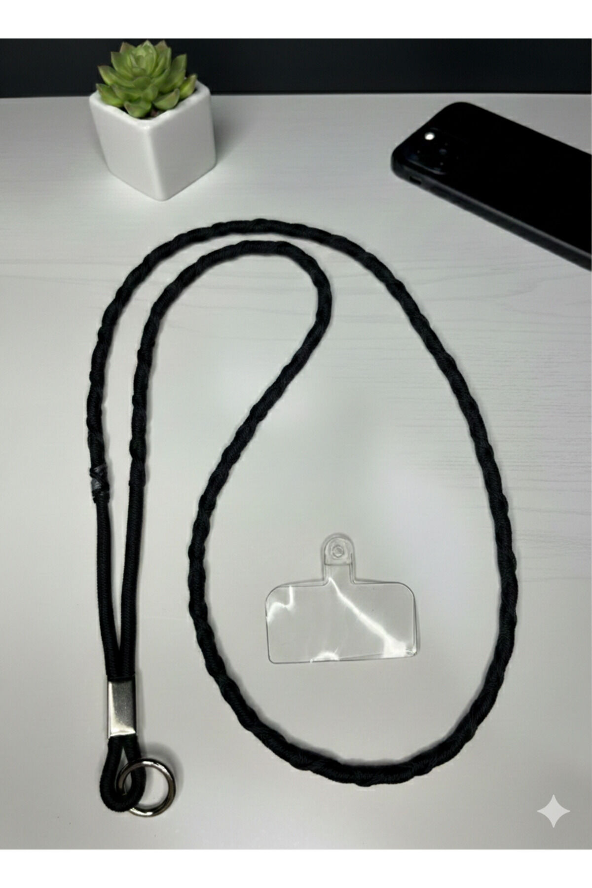 Telefon Askısı Çapraz Kullanım Aparatlı Telefon Tutucu Kaliteli Desenli İp Strap Siyah