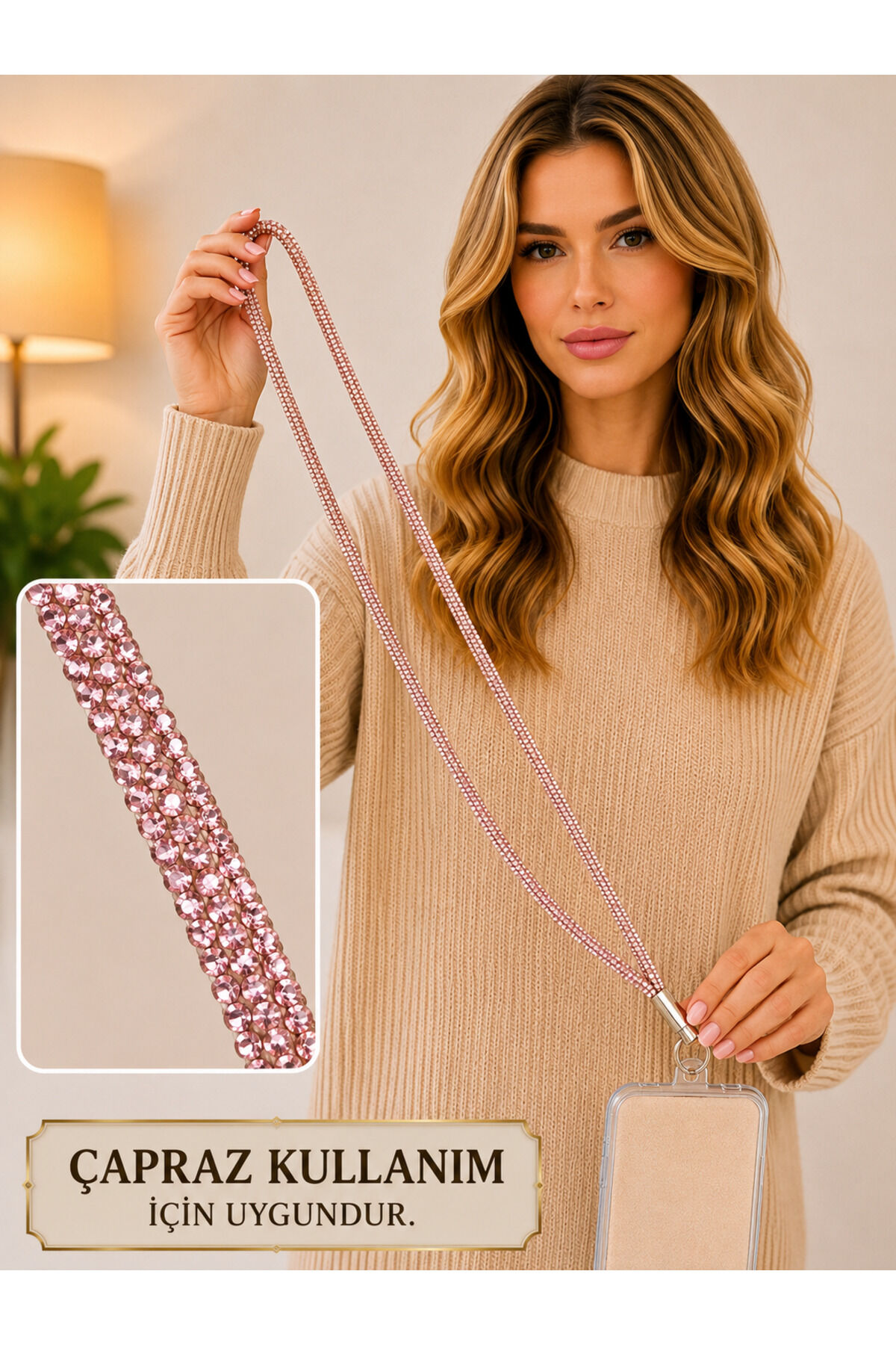 Telefon Askısı Boyun İpi Charm Çapraz Strap 130cm Pembe