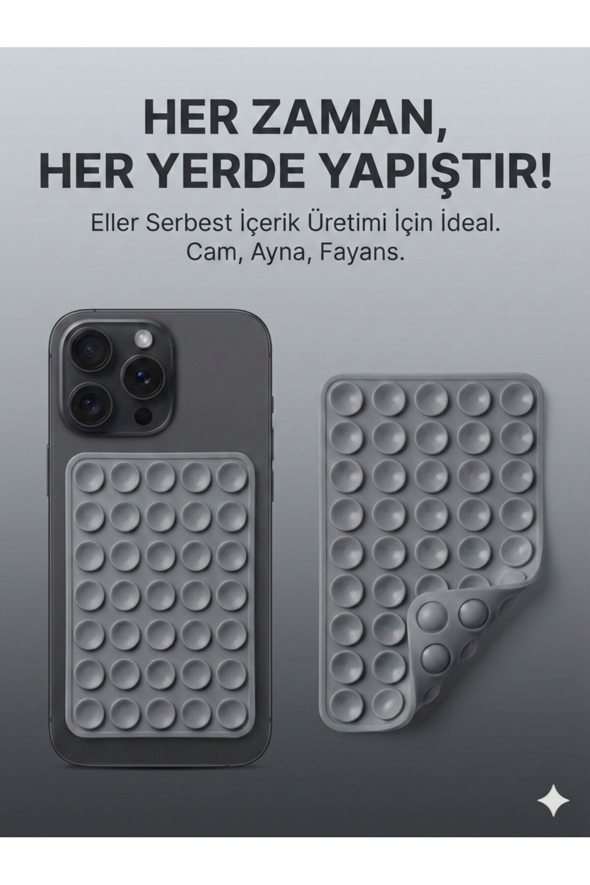 Büyük Telefon Tutucu Çift Taraflı Vantuz Ultra Kuvvetli Araç Tutucu Slikon Vakum Gri