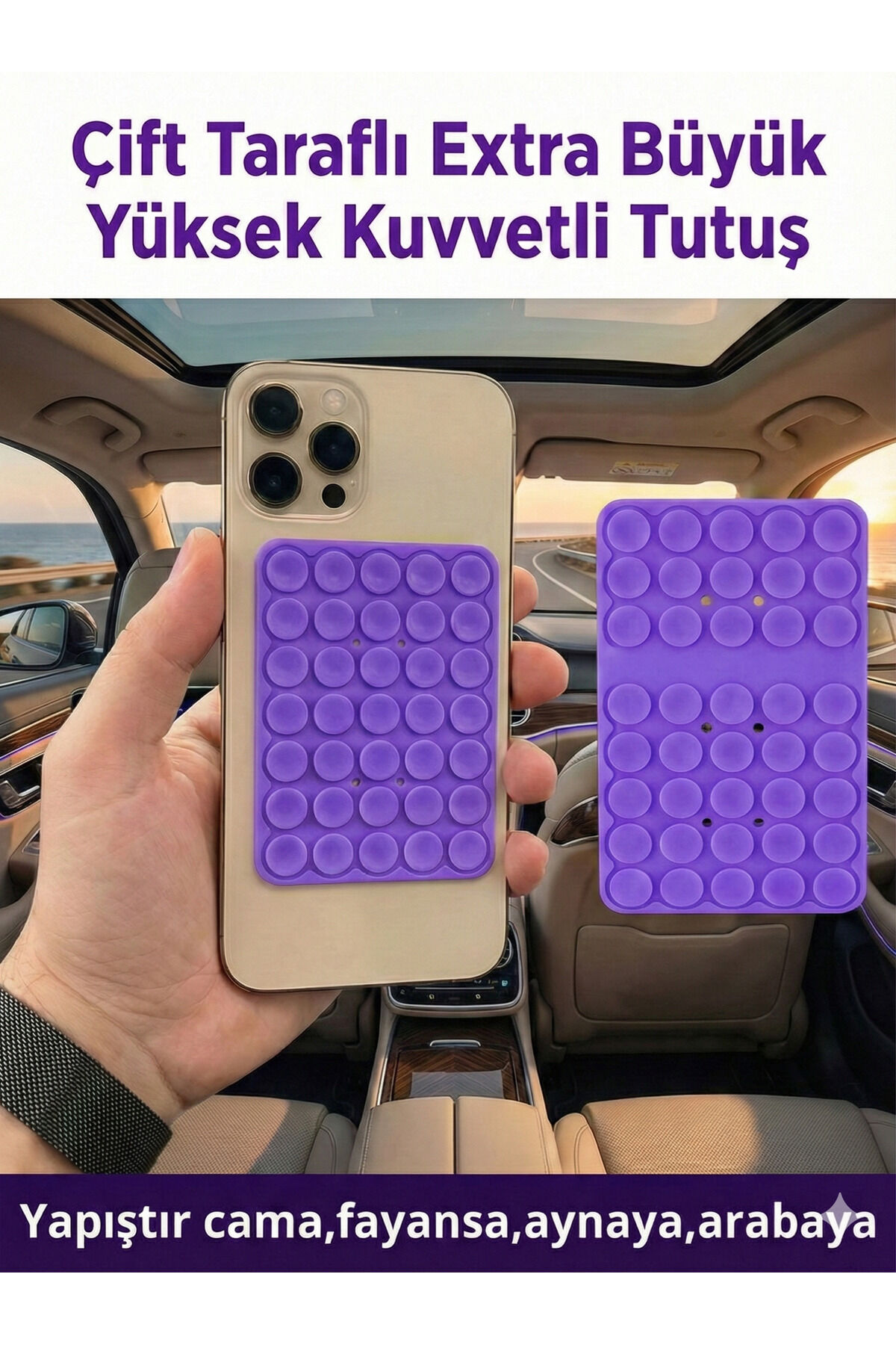Büyük Telefon Tutucu Çift Taraflı Vantuz Ultra Kuvvetli Araç Tutucu Slikon Vakum Mor