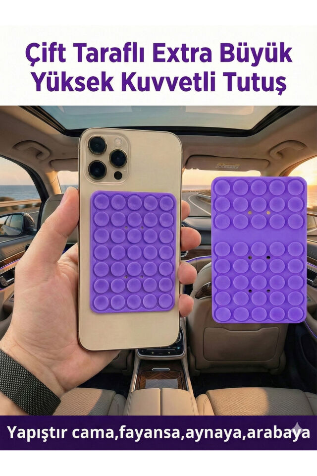 Büyük Telefon Tutucu Çift Taraflı Vantuz Ultra Kuvvetli Araç Tutucu Slikon Vakum Mor