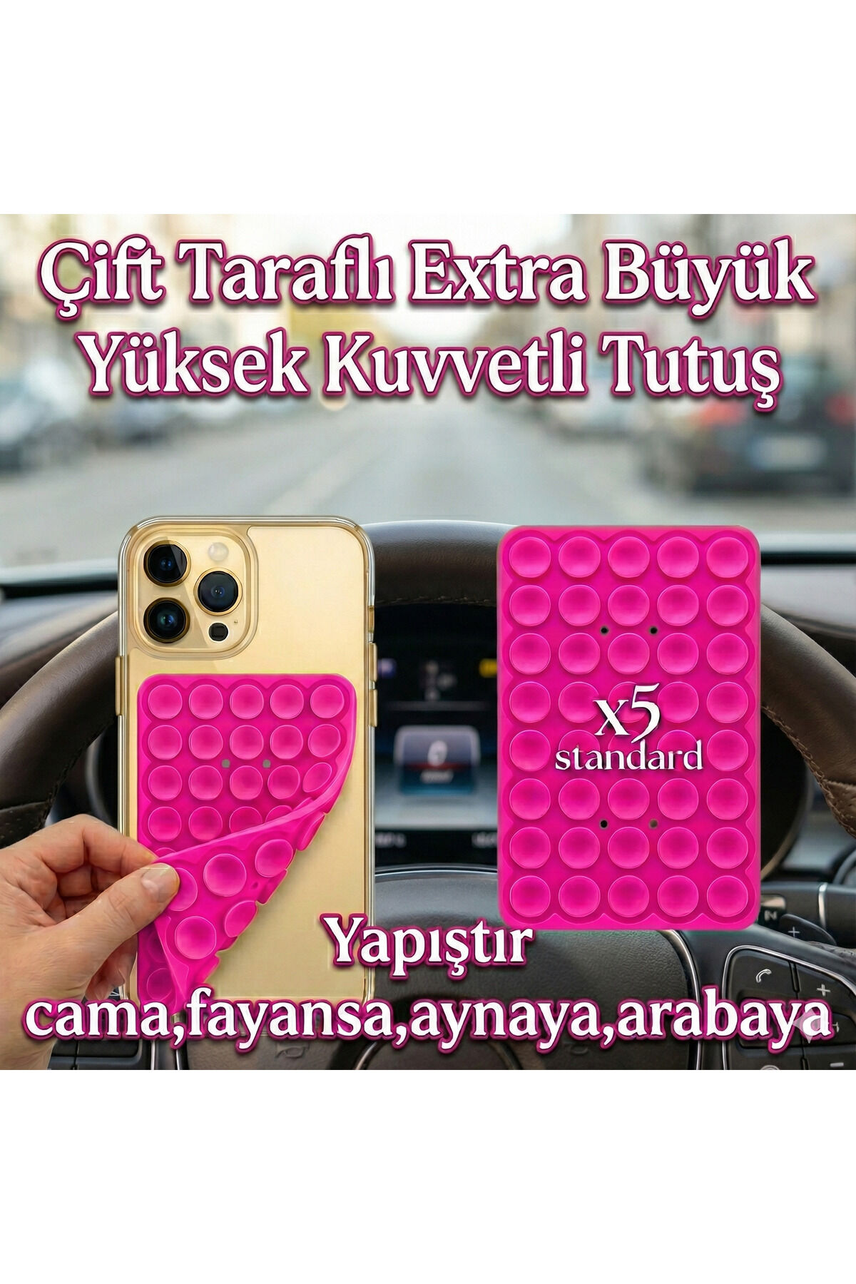 Büyük Telefon Tutucu Çift Taraflı Vantuz Ultra Kuvvetli Araç Tutucu Slikon Vakum Metalik