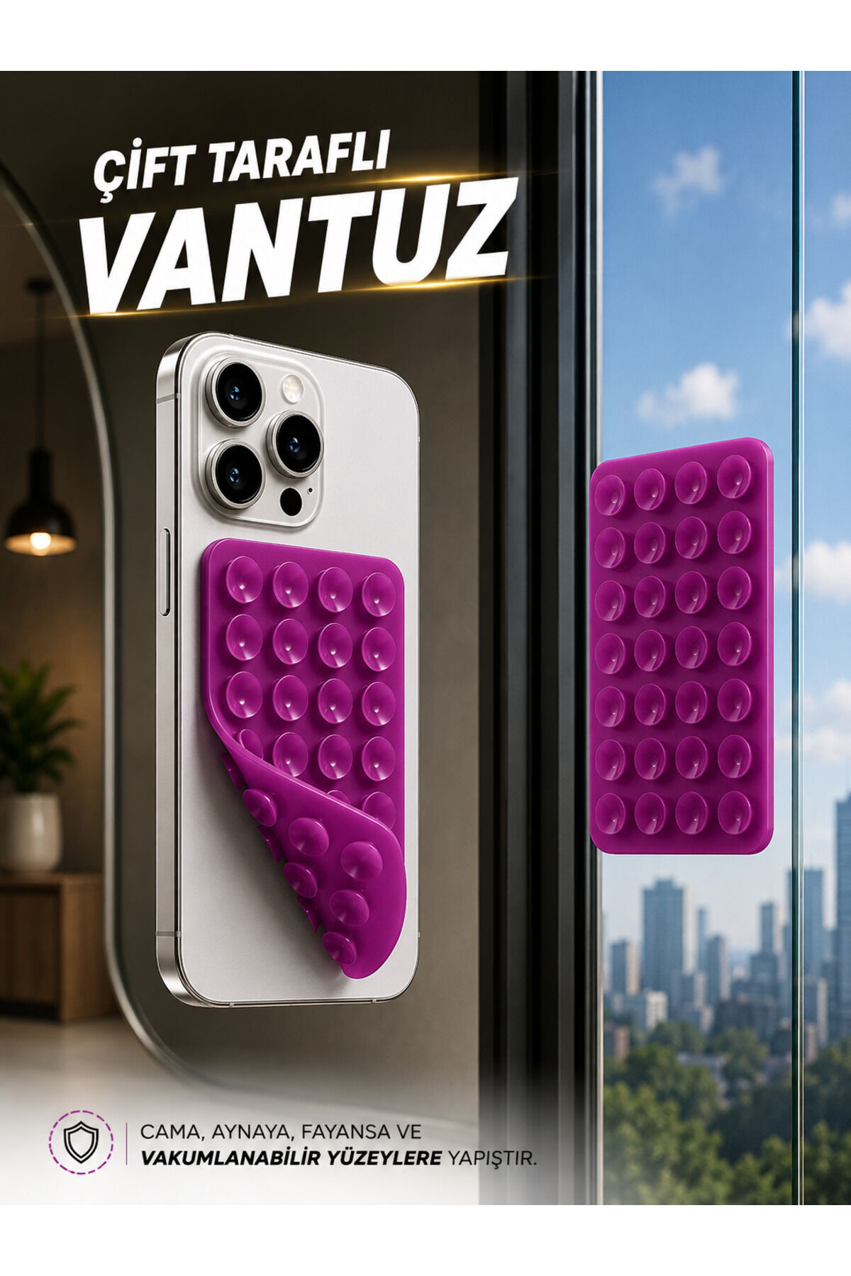 Slikon Çift Taraflı Vantuz Telefon Tutucu Vakum,Cama Yapışan Çift Taraflı Eflatun Mor