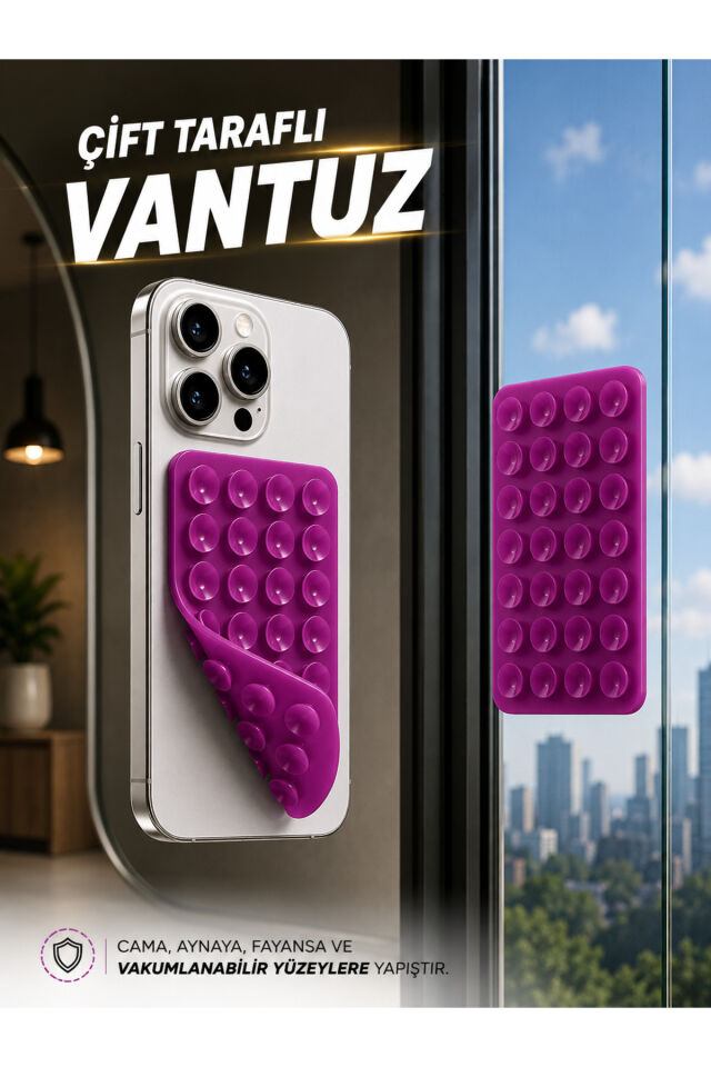 Slikon Çift Taraflı Vantuz Telefon Tutucu Vakum,Cama Yapışan Çift Taraflı Eflatun Mor