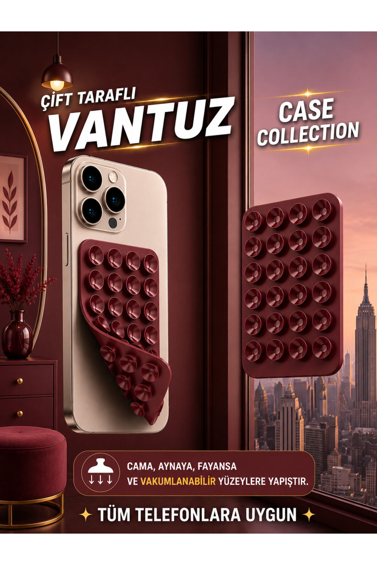 Slikon Çift Taraflı Vantuz Telefon Tutucu Vakum,Cama Yapışan Çift Taraflı Bordo