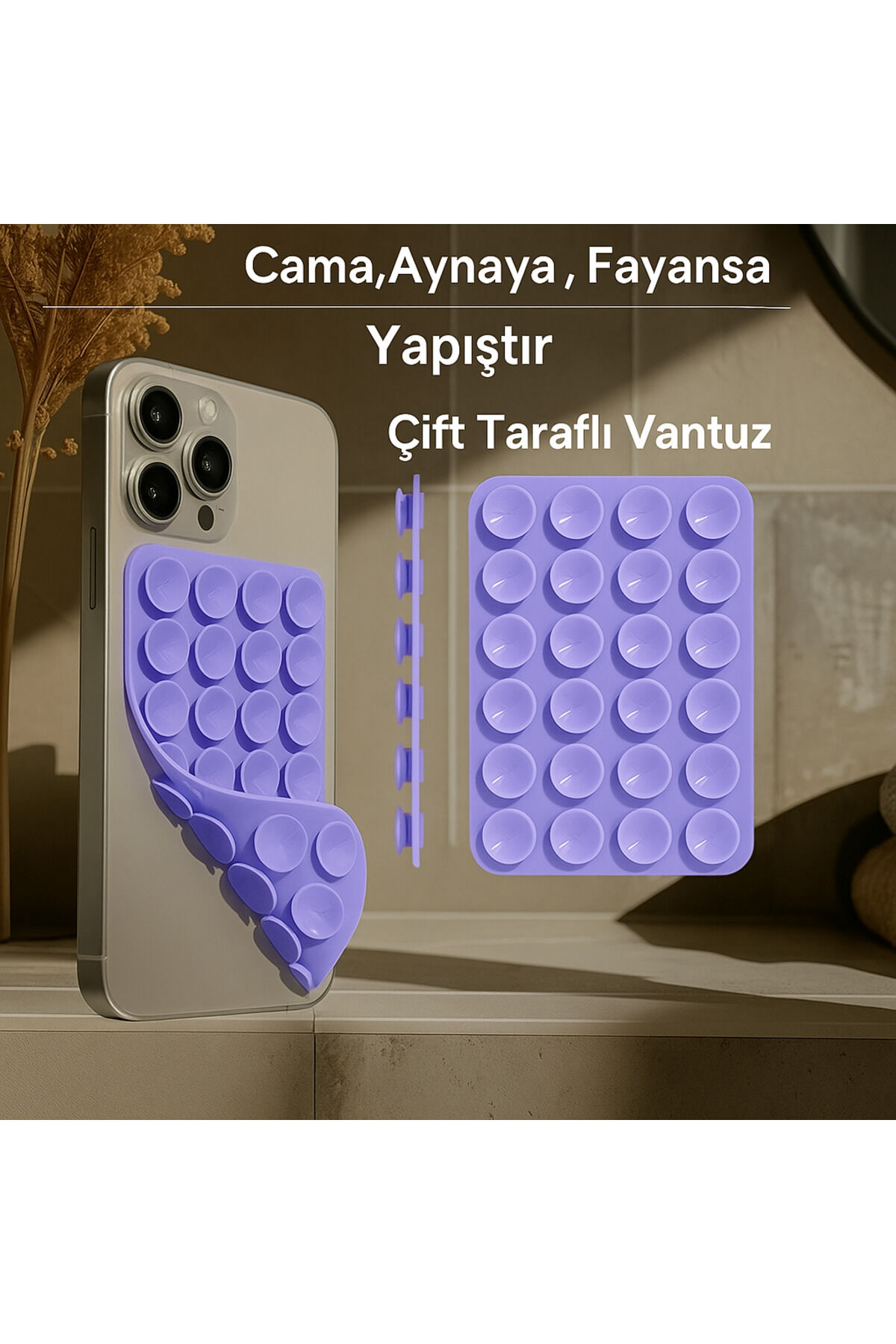 Slikon Çift Taraflı Vantuz Telefon Tutucu Vakum,Cama Yapışan Çift Taraflı Lila