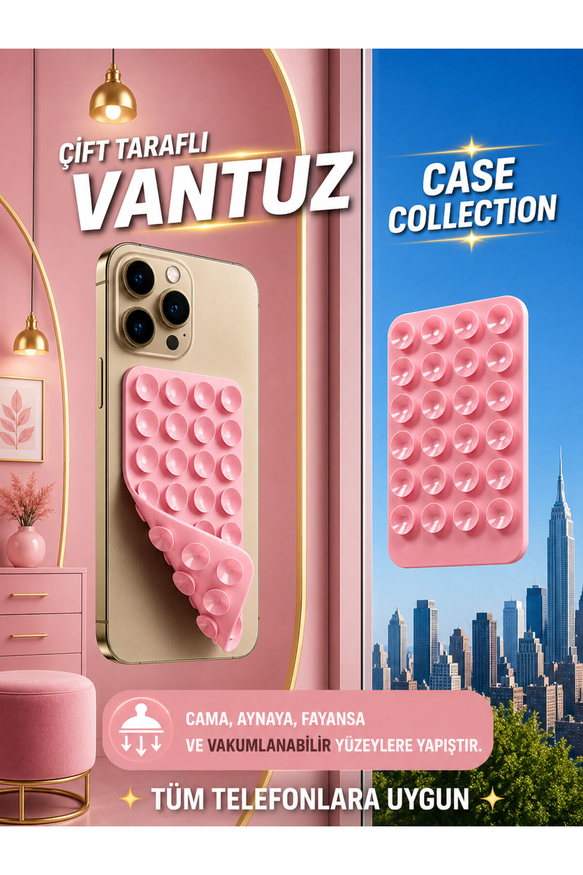 Slikon Çift Taraflı Vantuz Telefon Tutucu Vakum,Cama Yapışan Çift Taraflı Pembe