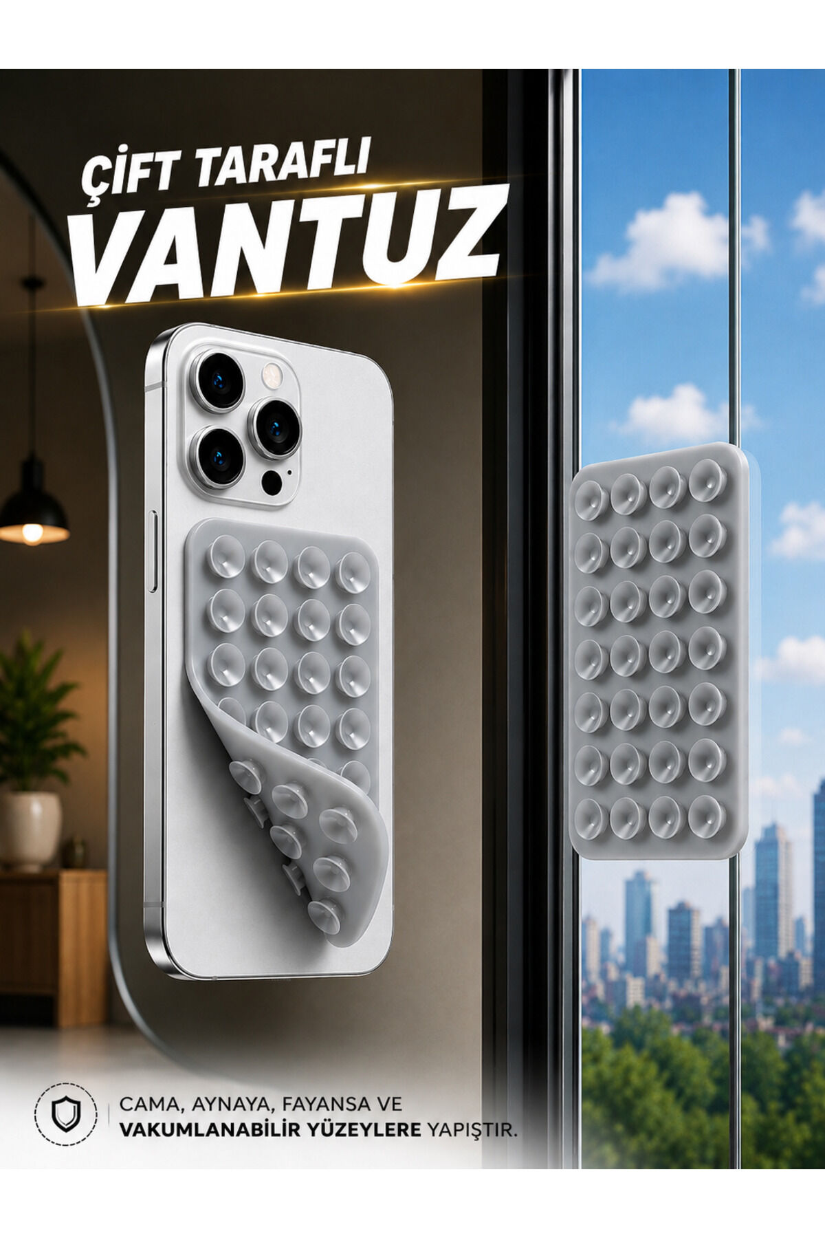Slikon Çift Taraflı Vantuz Telefon Tutucu Vakum,Cama Yapışan Çift Taraflı Gri