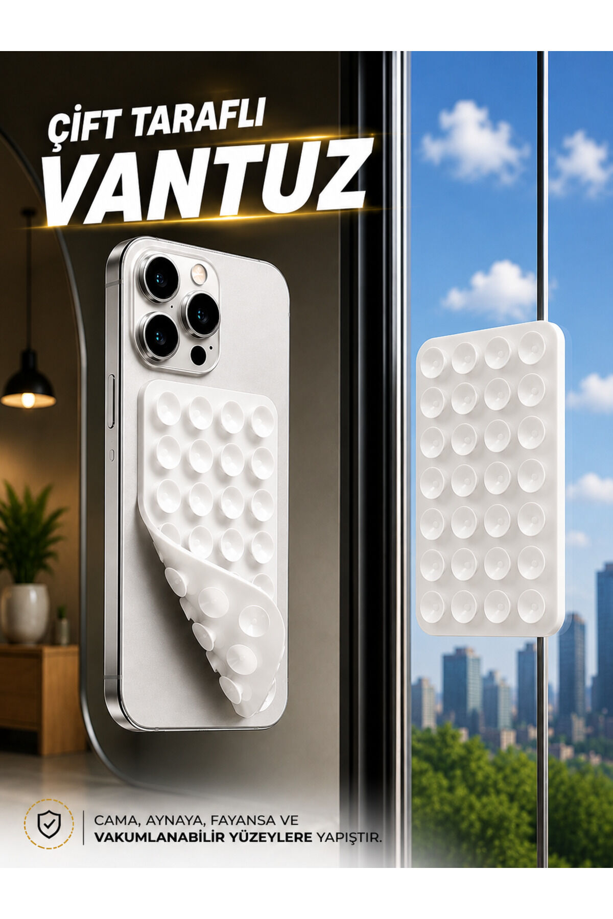 Slikon Çift Taraflı Vantuz Telefon Tutucu Vakum,Cama Yapışan Çift Taraflı Beyaz