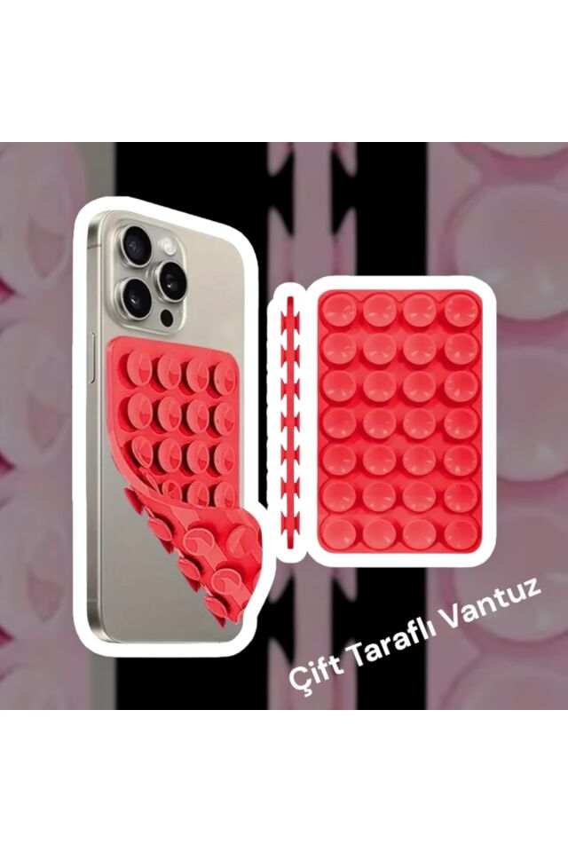 Slikon Çift Taraflı Vantuz Telefon Tutucu Vakum,Cama Yapışan Çift Taraflı Kırmızı